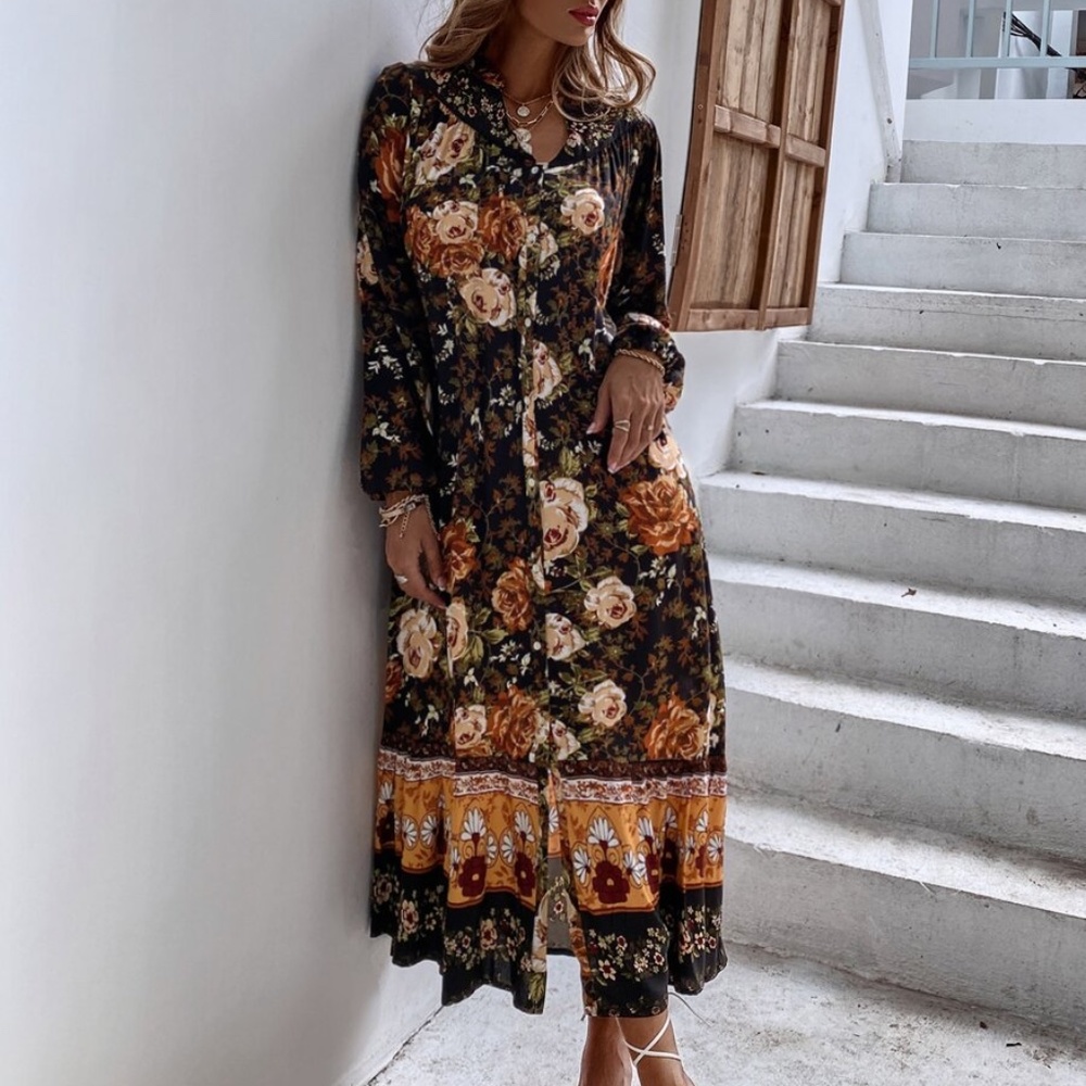 boho floral print button down long sleeve dress - Picture 5 of 7